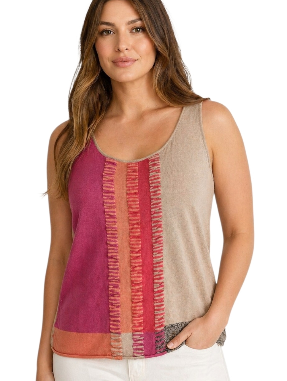Nic+Zoe Knit Tank Colorblock Ladder Detail Women XL Pink Beige Cotton